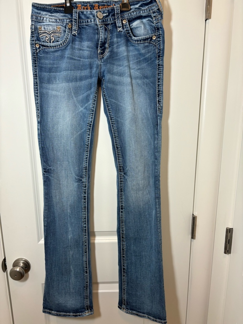 Rock Revival Medium Blue Bootcut Jeans with Embroidered Pockets